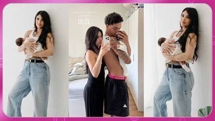 Giovanna Buscacio posa com sua filha e namorado, neta de Ronaldinho Gaúcho. Reprodução: Globo.