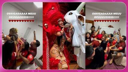 Isabelle Nogueira celebra a vitória do Boi Garantido no Festival Folclórico de Parintins. Reprodução: Globo.