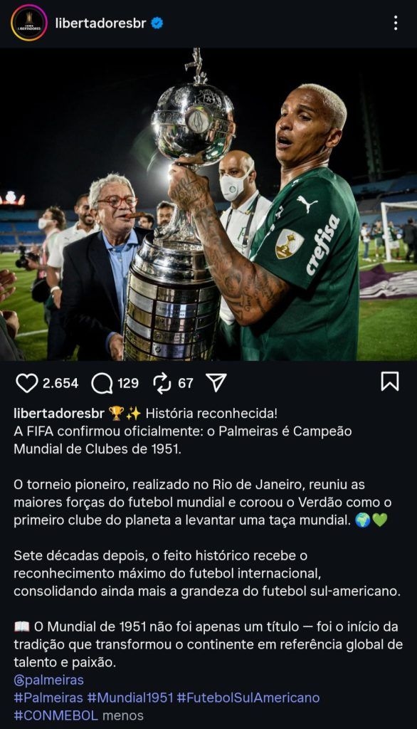 Hacker revela reconhecimento da FIFA ao Palmeiras como campeão mundial de 1951.; Legenda da imagem. Reprodução: Esporte News Mundo