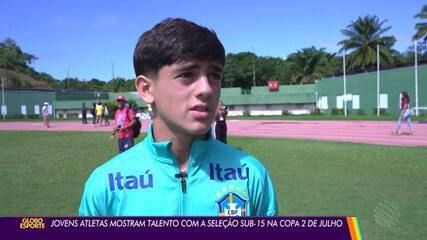 Jovens atletas da Seleção Sub-15 se preparam para a Liga Evolução na Granja Comary. Reprodução: Globo