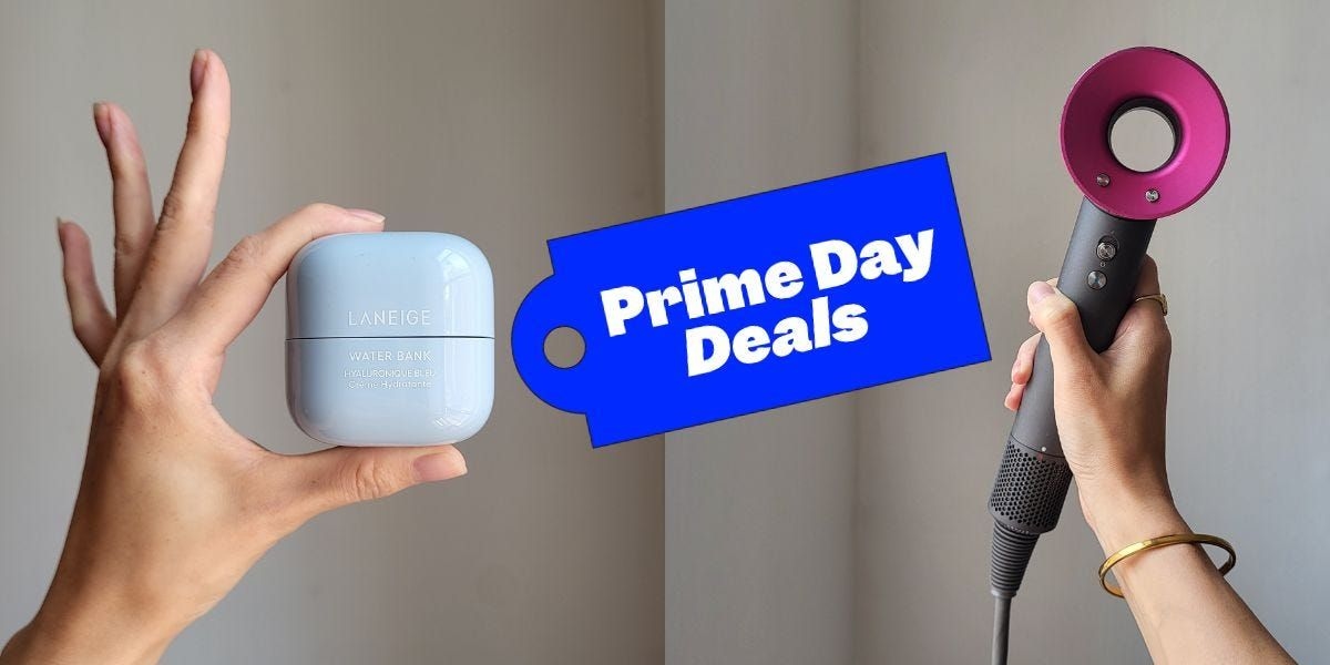 Promo de beleza para o Prime Day com produtos como secadores e hidratantes em oferta. Reprodução: Business Insider