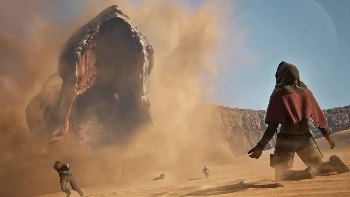 Jogadores de Dune Awakening exploram sandworms para prejudicar adversários em áreas PVE como Hagga Basin.; Reprodução: Anna Bernardo