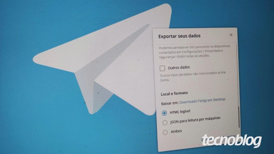 Usuários podem optar por backup local ou armazenamento em nuvem no Telegram. Reprodução: Tecnoblog