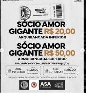 Ingressos para o jogo do ASA já estão à venda com valores promocionais. Reprodução: Redação com NN1