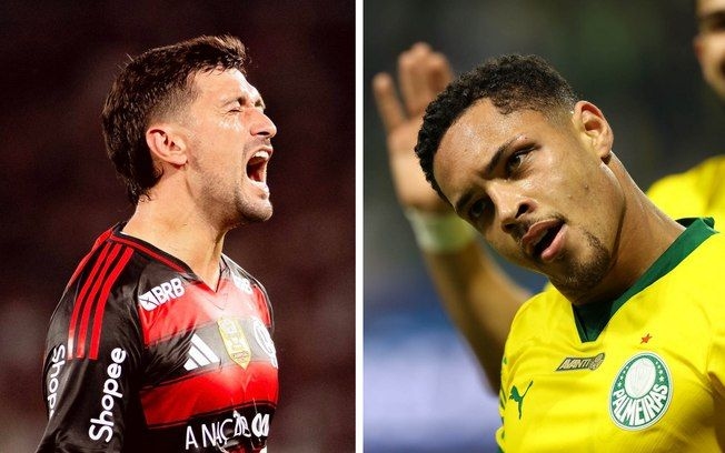 Arrascaeta e Vitor Roque em duelo entre Flamengo e Palmeiras. Reprodução: Retorno do item 11