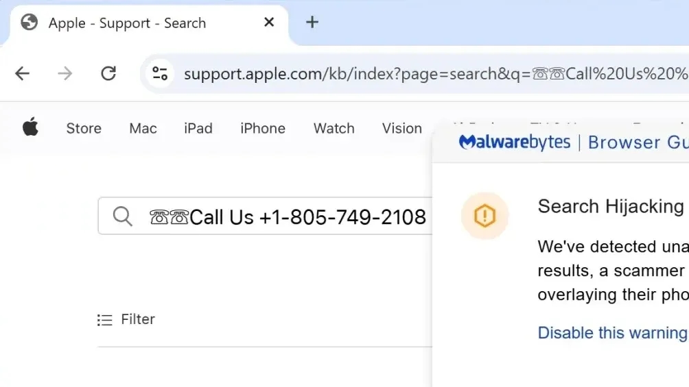 Alerta de sequestro de busca no site da Apple alerta para números de telefone falsos. Reprodução: Malwarebytes