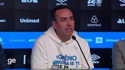 Empresário Marcelo Marques detalha a doação da gestão da Arena ao Grêmio em coletiva. Reprodução: Globo