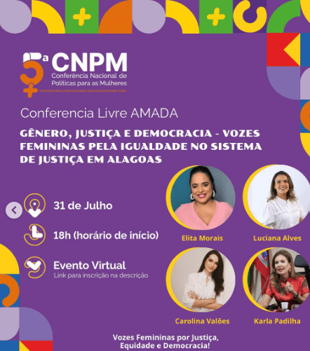 Conferência online discute igualdade de gênero e justiça em Alagoas, promovida pela AMADA.; Reprodução: Assessoria