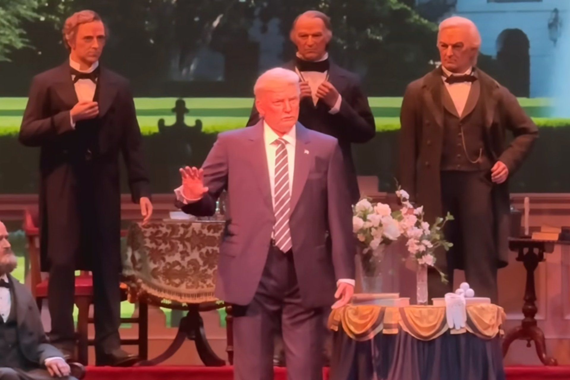 Robô do ex-presidente Trump toma posse no Disney Hall of Presidents em Orlando. Legenda da imagem. Reprodução: Gizmodo