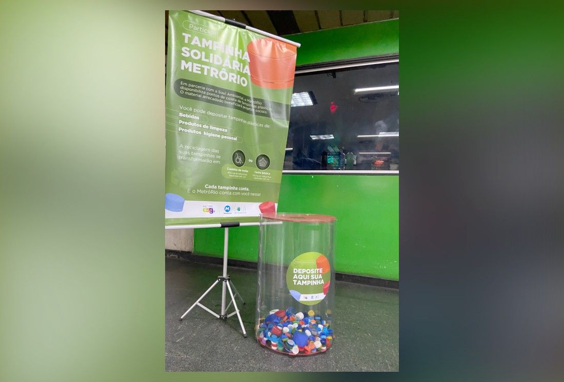 MetrôRio arrecada 5,6 toneladas de tampinhas para comprar cadeiras de rodas ao Inca.; Reprodução: Globo