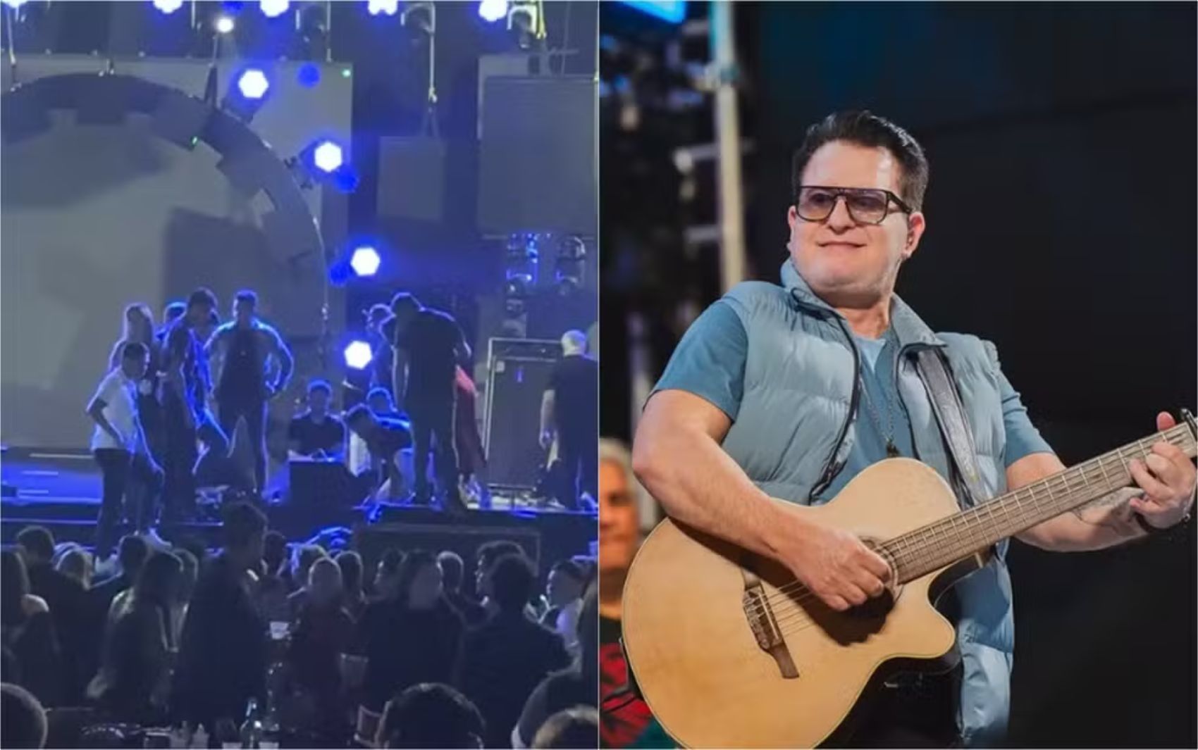 Equipe de produção presta socorro a Marrone após queda no palco durante apresentação em Goiânia. Reprodução: Globo