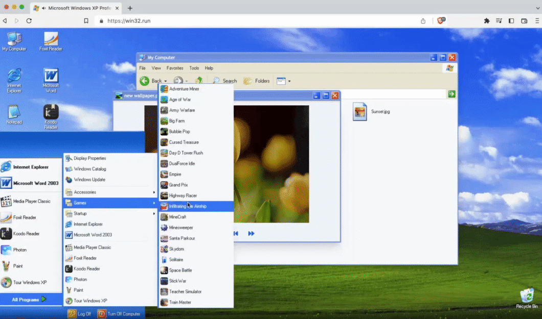 Emulador traz de volta a experiência interativa do Windows XP diretamente no navegador. Reprodução: Ducbao414.