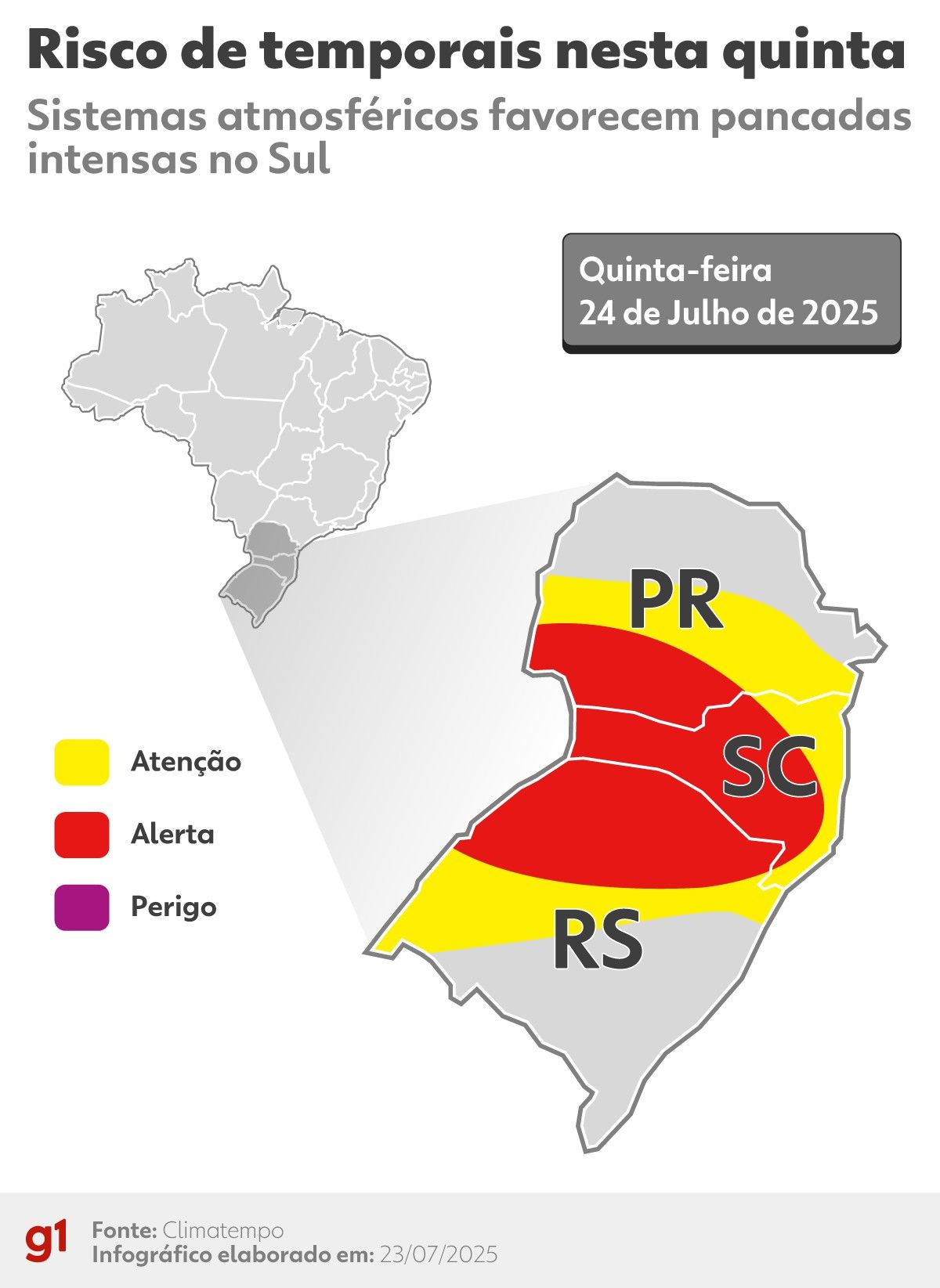 Mapa indica riscos de temporais e chuvas fortes nas regiões Sul e Sudeste do Brasil nesta quinta-feira. Reprodução: g1