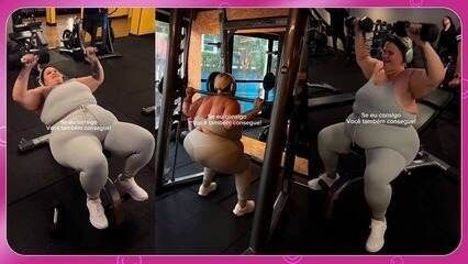 Thais Carla mostra sua rotina de treinos na academia após perder 52 quilos. Legenda da imagem. Reprodução: Globo