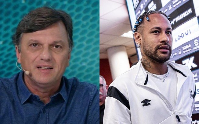 Neymar em lágrimas após a goleada, sendo consolado pelo técnico Fernando Diniz. Reprodução: Raul Baretta/Santos FC