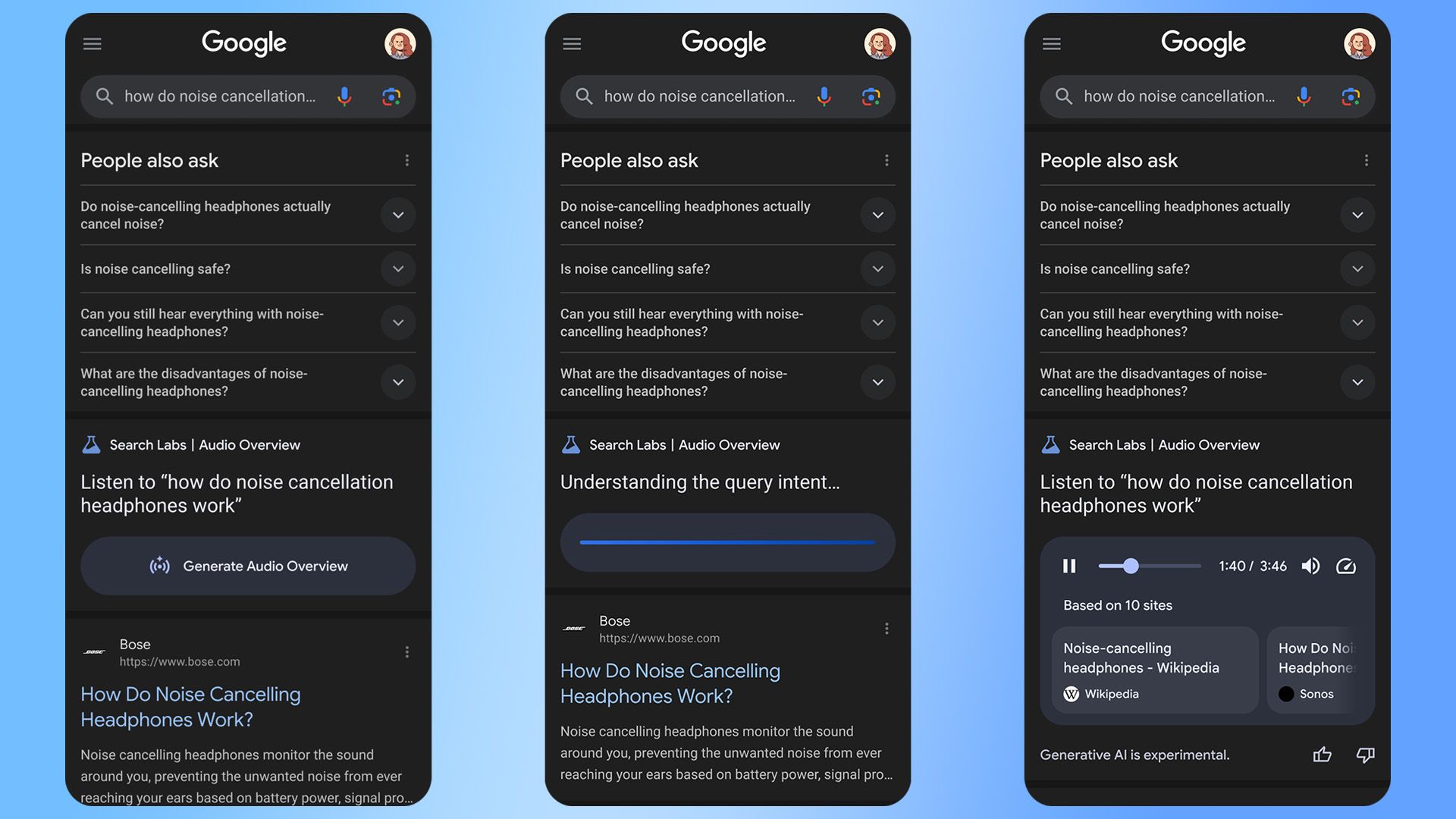 Google testa novos recursos de áudio nas pesquisas, com resumos gerados por IA. Reprodução: Ars Technica