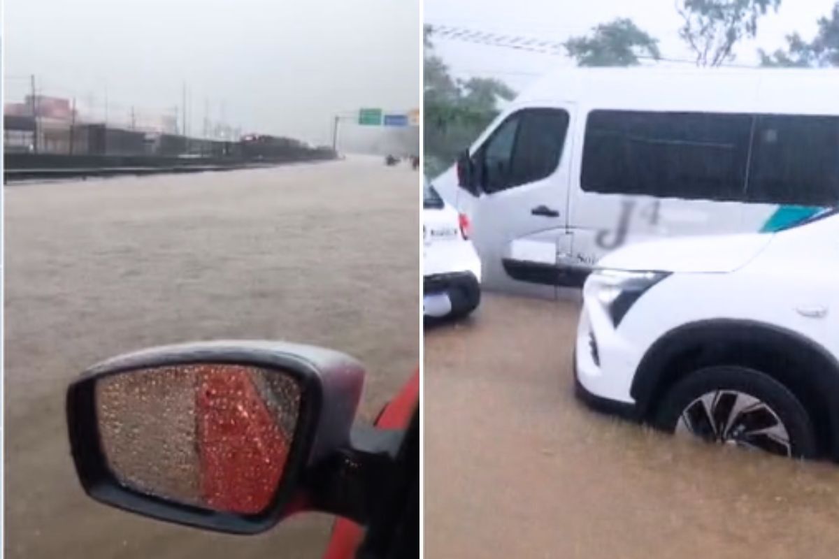 Rodovia Cônego Domênico Rangoni fica alagada durante chuva forte. Reprodução: G1