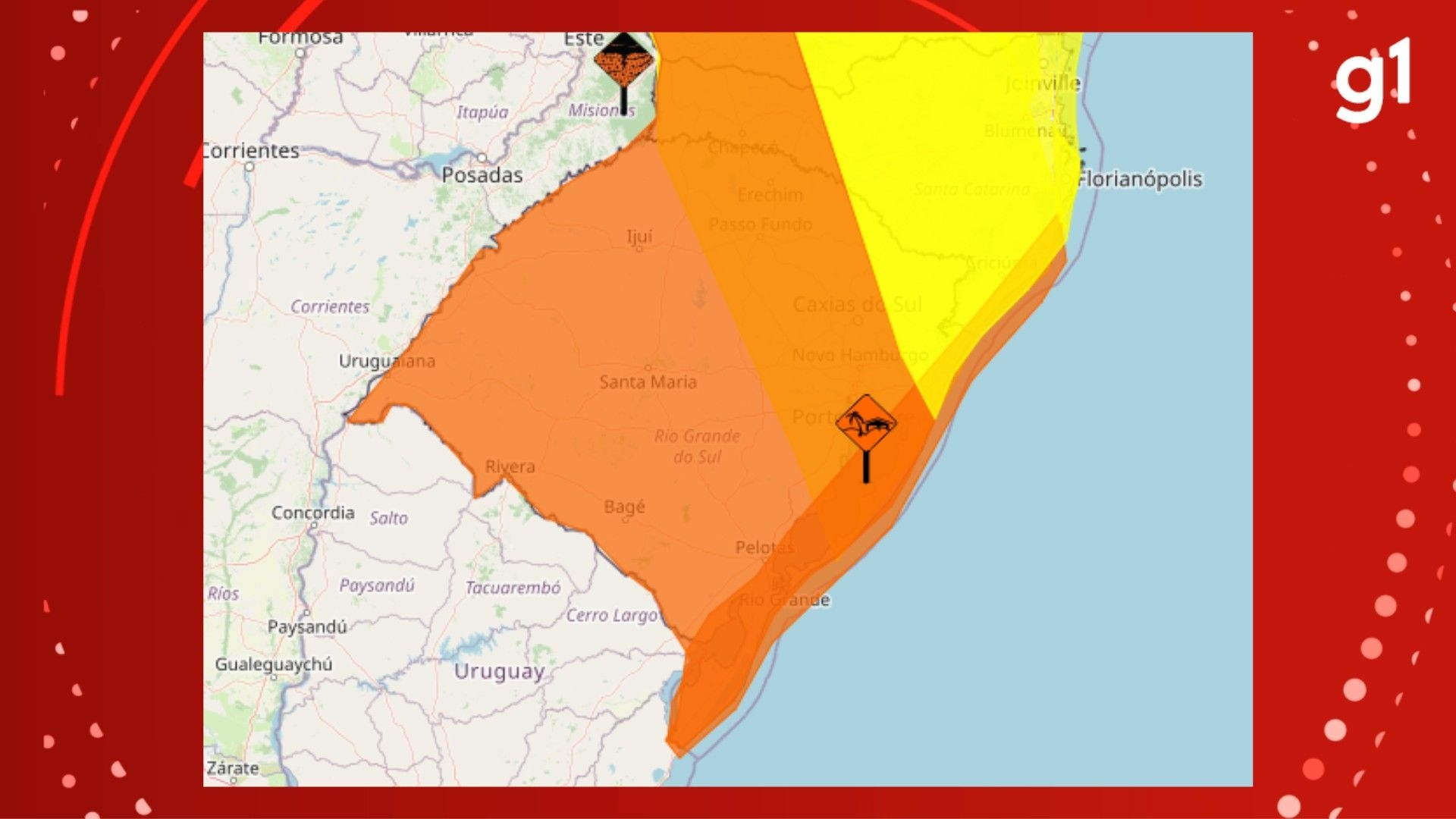 Frente fria provoca instabilidade e ventos fortes no Rio Grande do Sul nesta quarta-feira. Reprodução: Globo