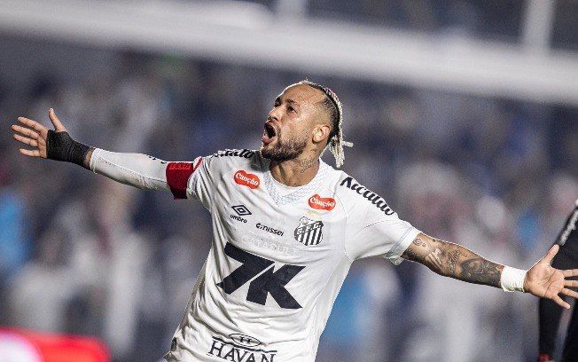Neymar celebra gol da vitória do Santos contra o Flamengo. Reprodução: Raul Baretta/ Santos FC