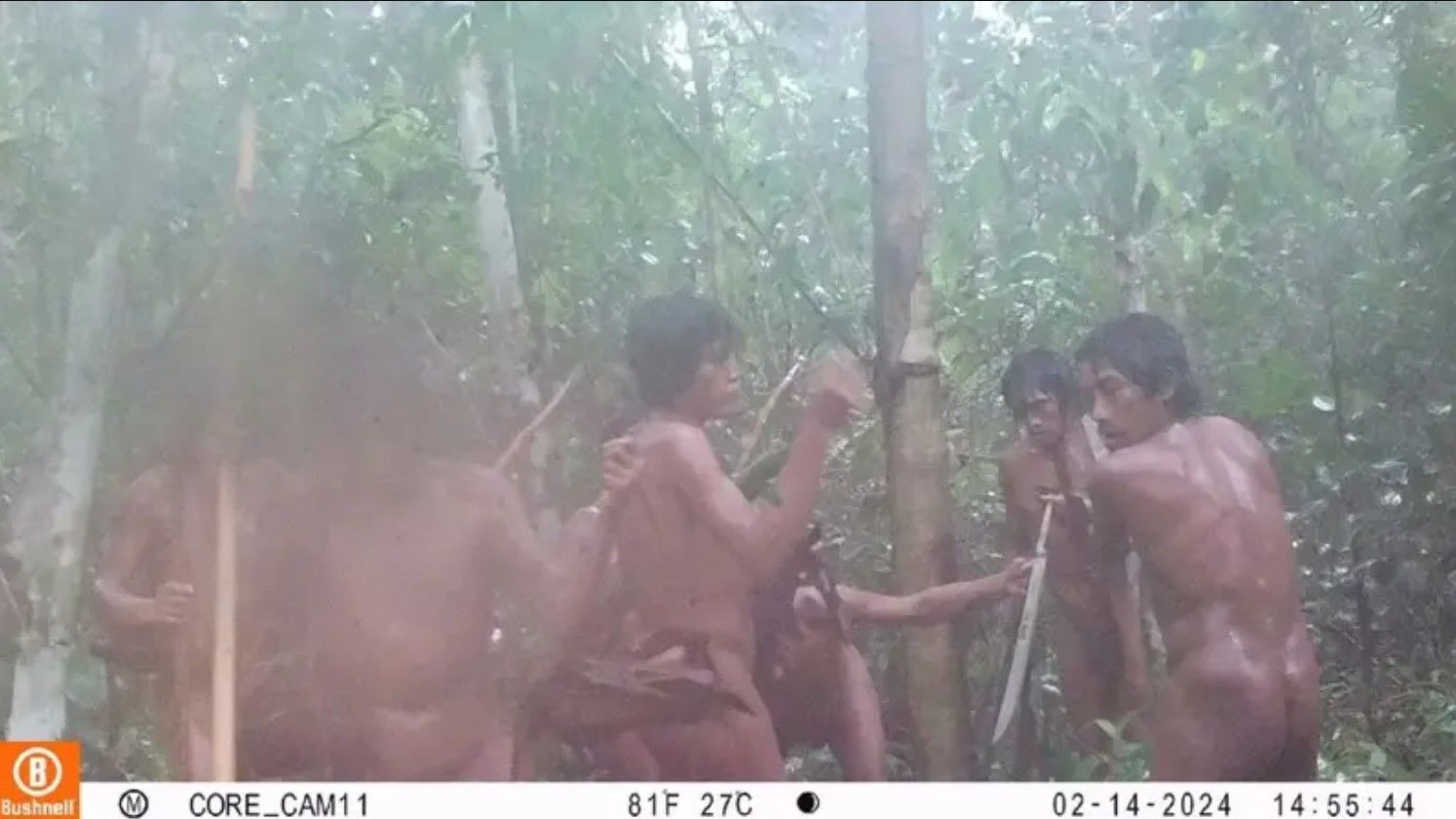 Povo isolado é capturado em fotos da Funai na Amazônia. Reprodução: Globo