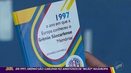 Elenco do Grêmio São-Carlense em amistosos na Europa, em 1997. Reprodução: Globo