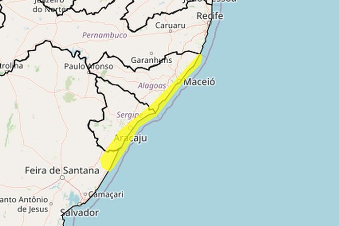 INMET alerta para chuvas fortes em 21 cidades de Alagoas. Reprodução: Redação