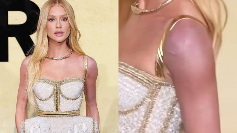Marina Ruy Barbosa exibe braço roxo em gala de Cannes e explica desconforto por vestido pesado. Reprodução: Terra
