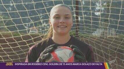 Isadora Dossena, goleira da Ferroviária, faz golaço de falta na semifinal do Paulista sub-15. Reprodução: Globo