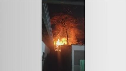 Incêndio atinge mata na zona norte de Sorocaba, se aproximando de casas. Legenda da imagem. Reprodução: Retorno do item 11