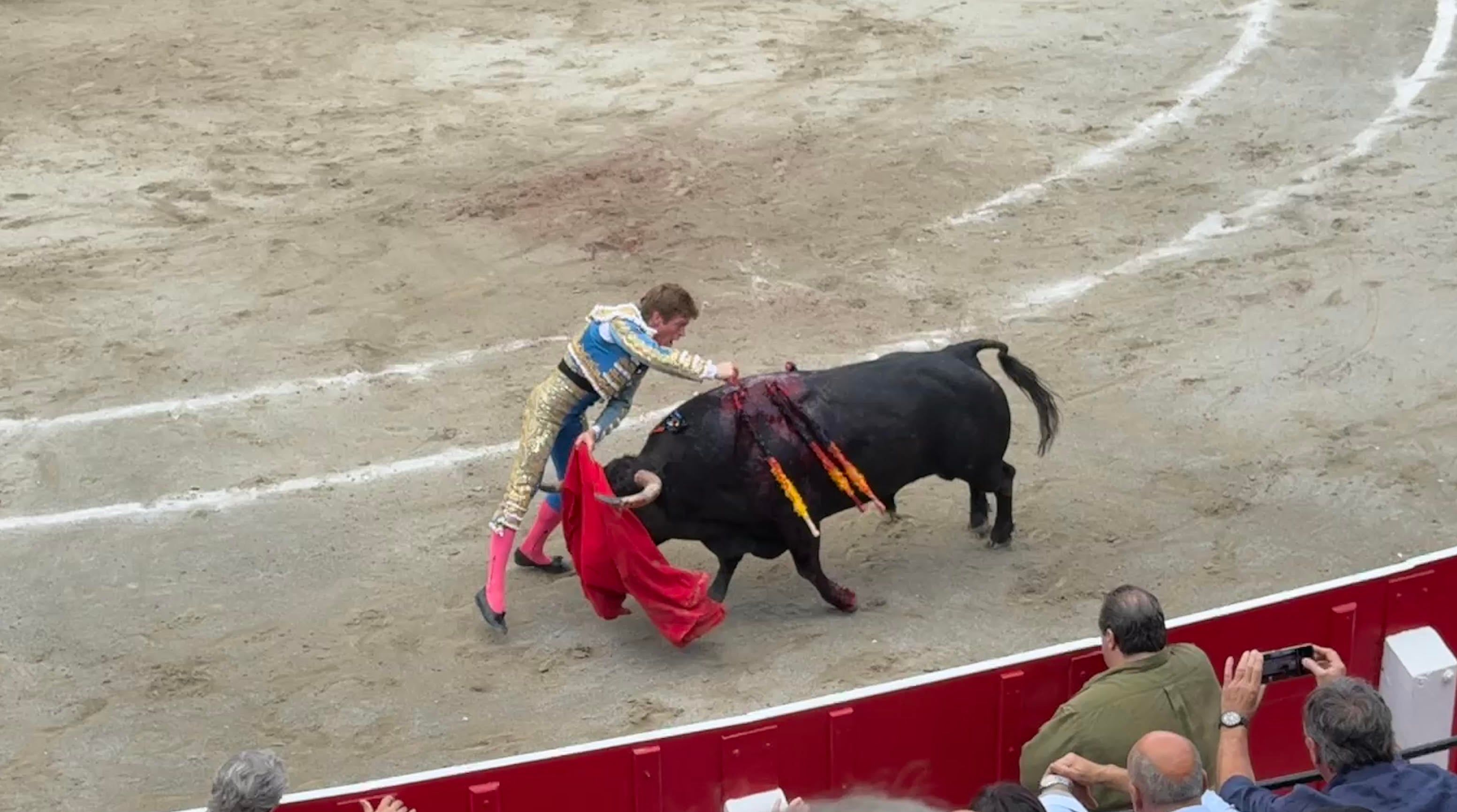 Borja Jiménez realiza uma estocada em seu primeiro touro na corrida de Azpeitia.; Reprodução: El País