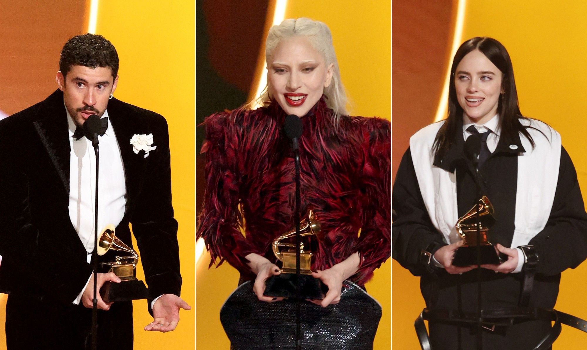 Bad Bunny agradece em espanhol ao Grammy de Álbum do Ano durante noite de discursos contra imigração.. Reprodução: Oglobo