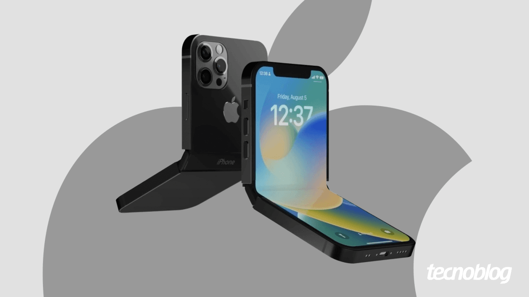 Renderização do iPhone dobrável com tela de 7,58 polegadas em fundo branco. Reprodução: 9to5Mac