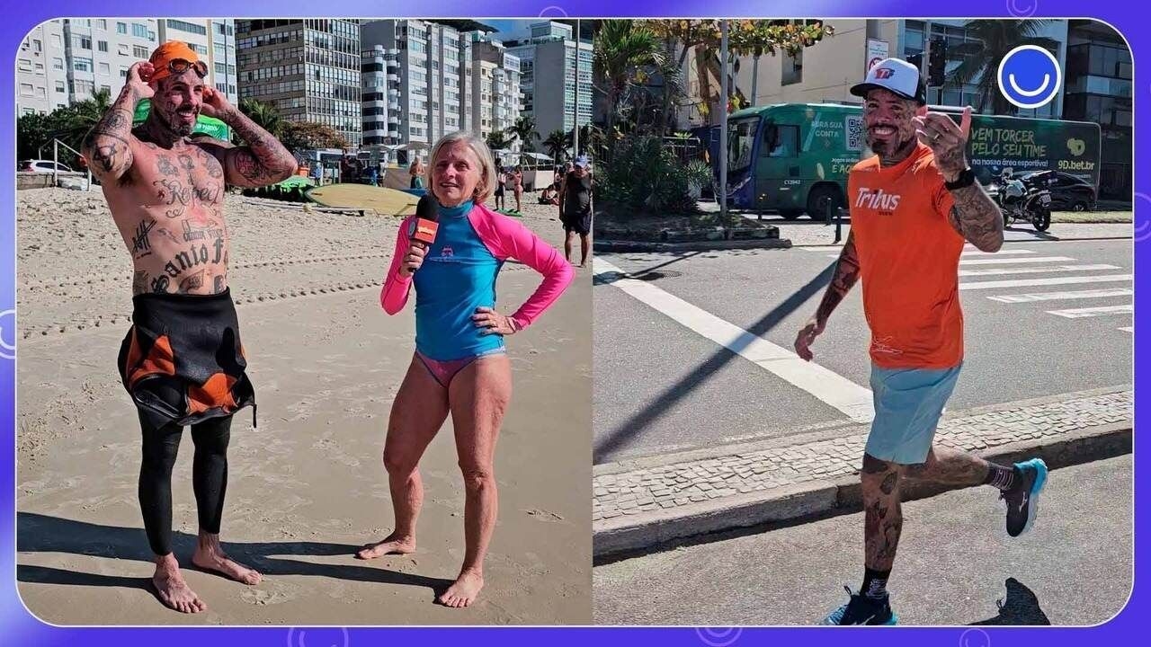 Tico Santa Cruz treina natação no mar da Copacabana para sua estreia em um triatlon. Reprodução: Globo