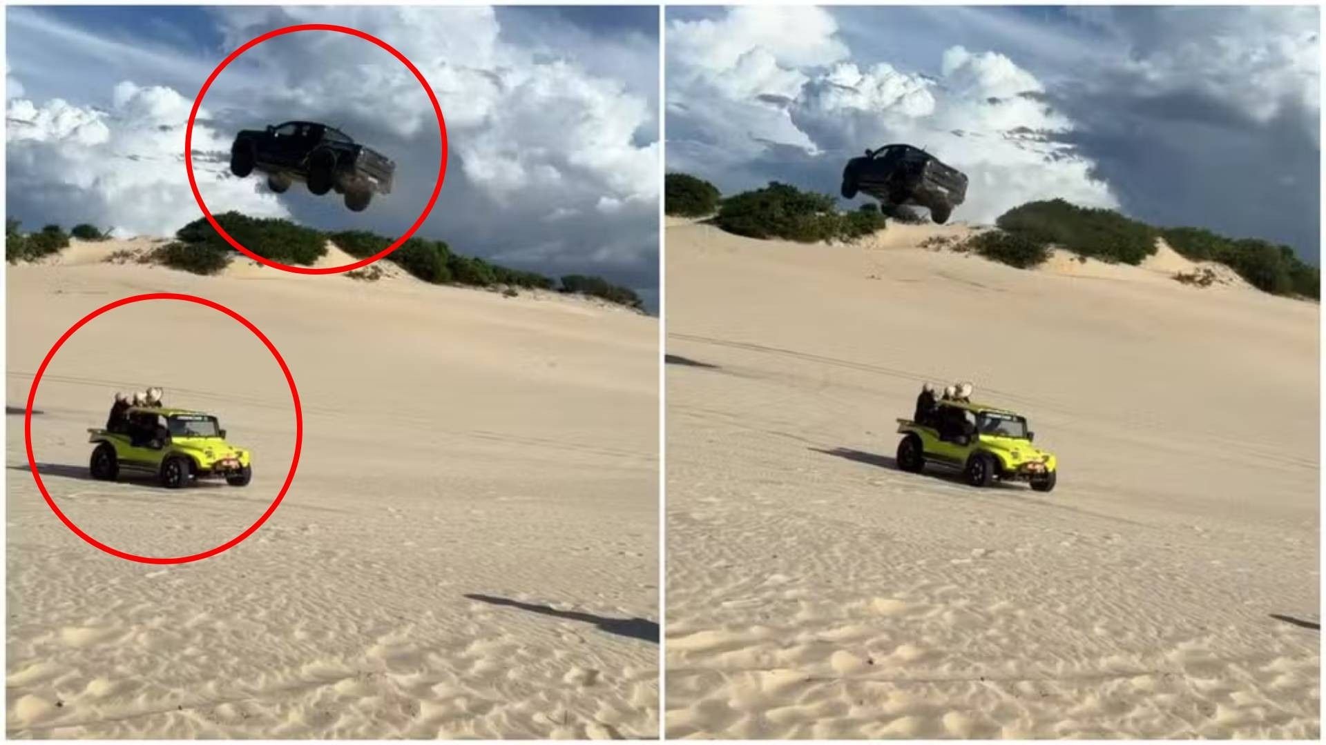 Picape voa sobre buggy em duna de Canoa Quebrada, causando susto a turistas. Reprodução: Globo