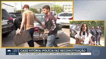 Polícia realiza reconstituição do assassinato da jovem Vitória Sousa em Cajamar. Reprodução: Globo