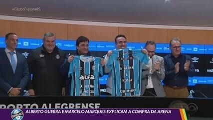 Alberto Guerra e Marcelo Marques dialogam sobre a nova gestão da Arena do Grêmio. Reprodução: Globo