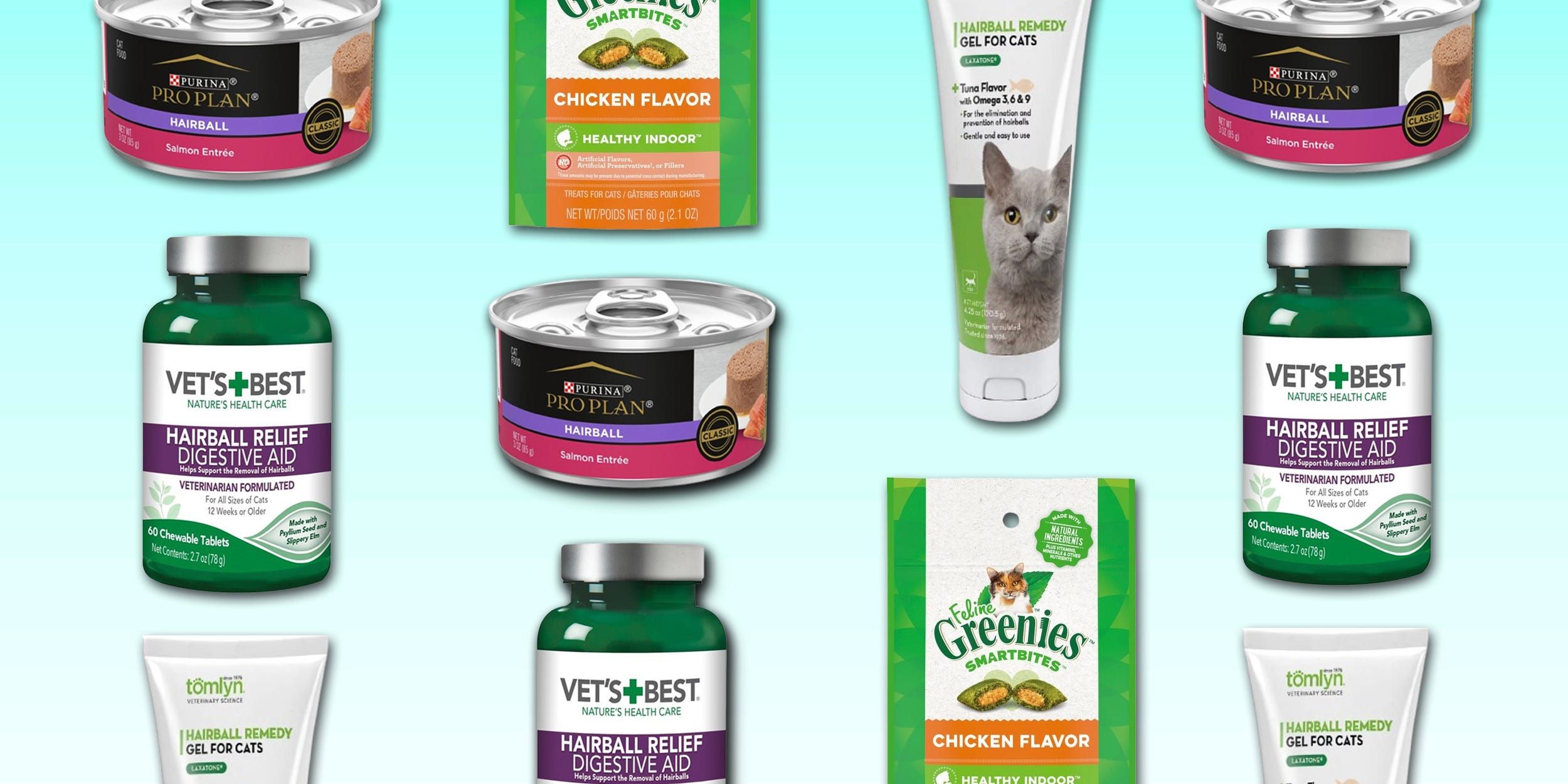 Diversos remédios para controle de pelo em gatos, incluindo alimentos e géis.; Reprodução: Business Insider