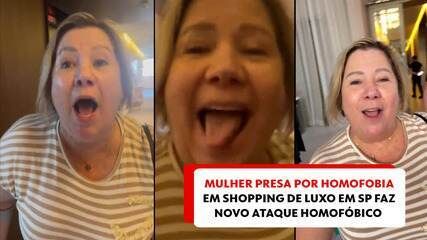 Mulher, presa por homofobia em shopping, volta a atacar homens em condomínio em São Paulo. Legenda da imagem. Reprodução: Globo