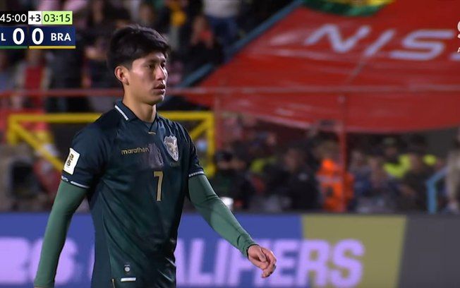 Miguelito, da Bolívia, celebra gol de pênalti contra o Brasil pelo América-MG. Legenda da imagem. Reprodução: Retorno do item 11