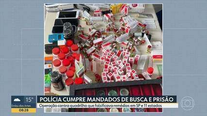 Polícia Civil apreende medicamentos falsificados durante operação contra quadrilha de anabolizantes em São José dos Campos.; Reprodução: Globo