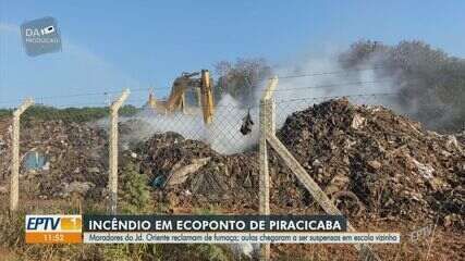 Incêndio atinge ecoponto em Piracicaba, afetando a saúde de moradores e suspendendo aulas na escola próxima. Reprodução: Globo