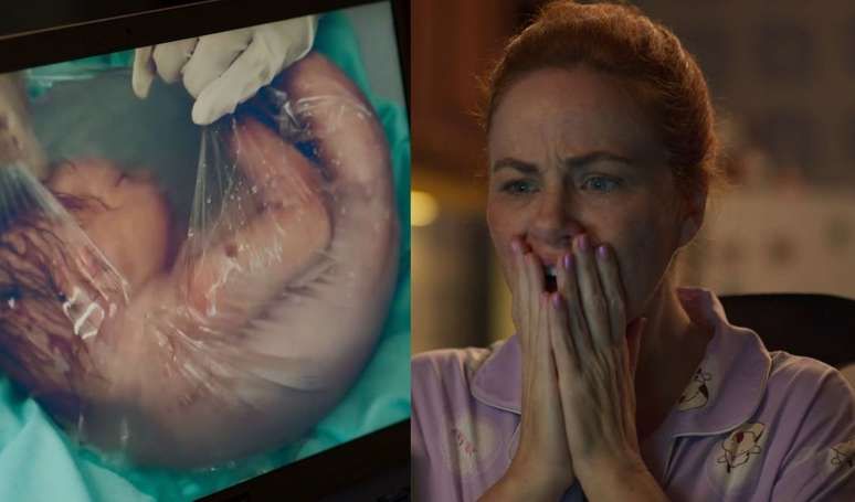 A personagem Aldeíde se emociona ao assistir a parto de bebê reborn em 'Vale Tudo'. Reprodução: Purepeople