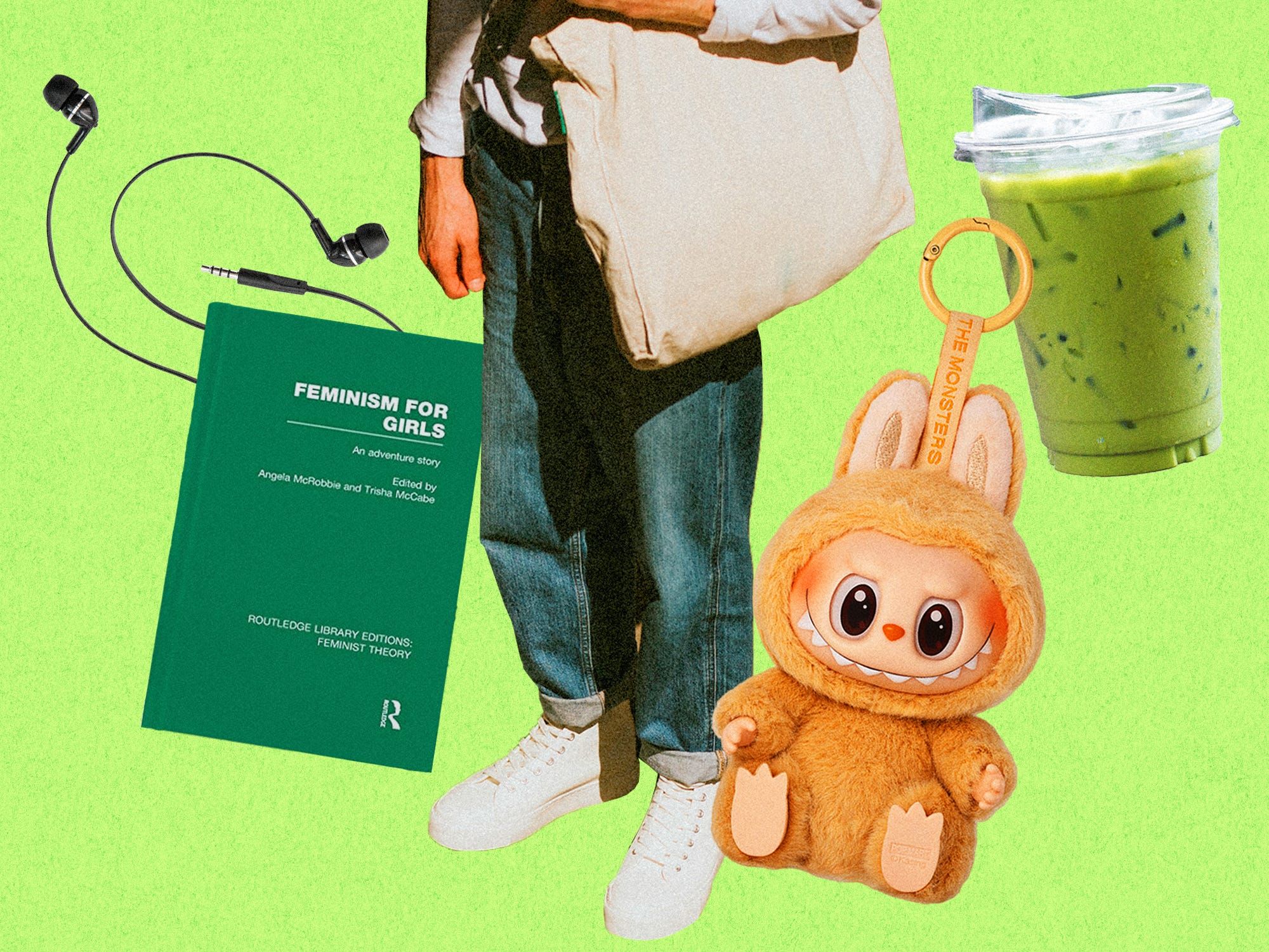 Elementos do 'performative male': jeans largos, matcha, Labubu, fones com fio e literatura feminista. Legenda da imagem. Reprodução: Business Insider