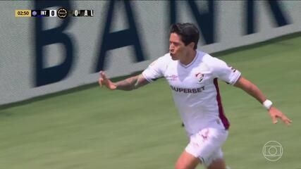 Cano marca gol de cabeça para o Fluminense contra a Inter de Milão. Reprodução: Globo