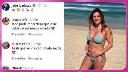 Jade Barbosa exibe barriga de grávida em dia de praia no Rio de Janeiro.; Reprodução: Globo