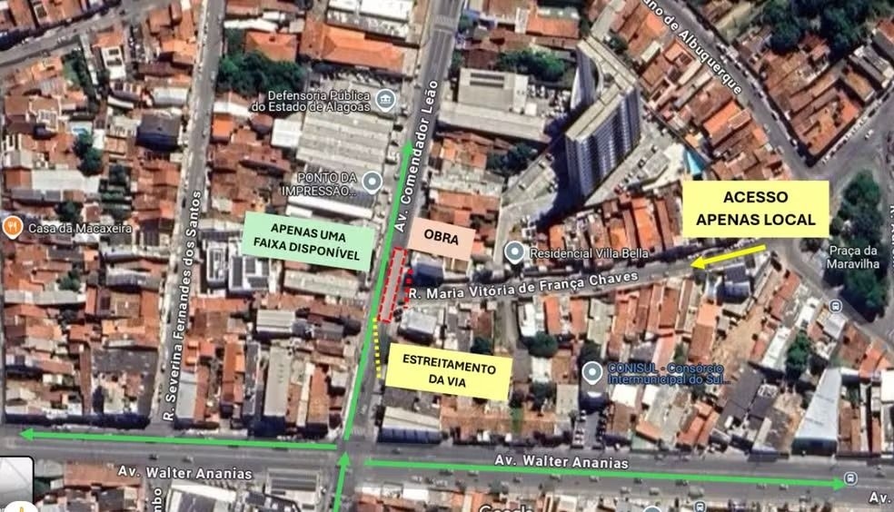 Interdição parcial e total na Avenida Comendador Leão em Maceió para obras de reparo na rede de esgoto. Reprodução: Redação