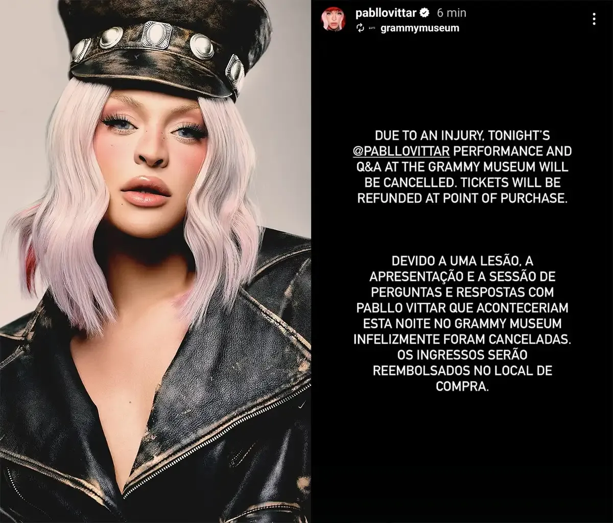 Pabllo Vittar cancela apresentação no Museu do Grammy devido a lesão.; Reprodução: Portal Popline