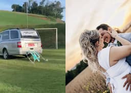 Noiva chegou ao casamento em carro fúnebre em Pinhalzinho, revelando a história romântica com o noivo.; Reprodução: Globo