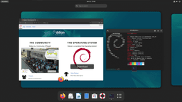 Captura de tela do Debian 12 com ambiente GNOME, exibindo o Firefox e o terminal. Reprodução: TecnoBlog