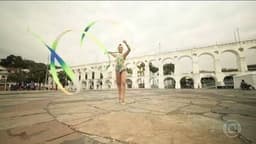 Seleção Brasileira de Ginástica Rítmica revela collants inspirados em músicas para o Mundial.; Legenda da imagem. Reprodução: Globo